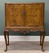 BURR WALNUT COCKTAIL CABINET with carved detail, fitted and mirrored interior, cabriole supports,