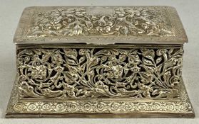 VICTORIAN SILVER TRINKET BOX, domed lid, highly detailed repoussé and pierced designs, blue silk-