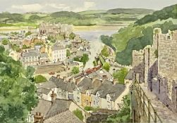 ‡ DAVID CHARLESWORTH (b. 1954) watercolour - view of Conwy town and castle from the walls, signed