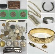 ASSORTED JEWELLERY, including rolled gold bangle, white metal bracelet and bangle, hallmarked silver