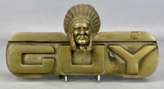RARE GUY TRUCK MASCOT, native American in full headdress 'Feathers in Our Cap', aluminium with brass