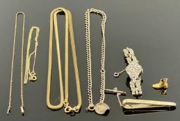 ASSORTED JEWELLERY, including diamante ladies' cocktail watch, silver tie clip and chain, yellow
