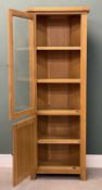 MODERN LIGHT OAK FLOOR STANDING CORNER CUPBOARD, glazed upper door with shelved interior over a base