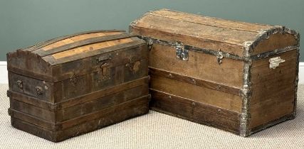 TWO VINTAGE WOODEN DOME-TOP TRUNKS, 59 (h) x 92 (w) x 51cms (d); and 50 (h) x 72 (w) x 41cms (d)