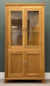 MODERN LIGHT OAK 'ANDRENA' FOUR-DOOR CORNER CUPBOARD, the upper two doors glazed, British Made,