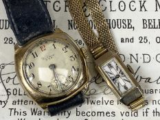 WALTHAM VINTAGE 9CT GOLD CUSHION CASED GENT'S WRISTWATCH, 29mms, monogrammed on back and dated 7.2.