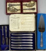 CASED CUTLERY, pie server with silver handle, cheese knife and butter knife with silver handles, six