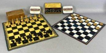 BOXED STAUNTON STYLE BOXWOOD WEIGHTED CHESS SET, together with boxwood draughts set, tin of