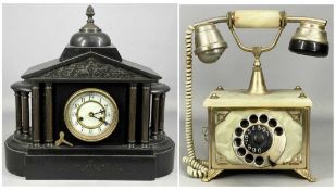 LARGE POLISHED BLACK SLATE MANTEL CLOCK of architectural form, with embossed brass frieze over
