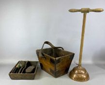 VINTAGE HOUSEHOLD ITEMS, including wooden two-division shoeshine box, wooden housemaid's box with