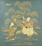JAPANESE EMBROIDERED FUKUSA PANEL depicting figures by tree with crane overhead, 67 x 62cms