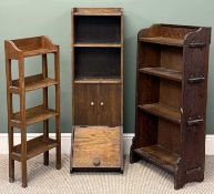 THREE NARROW VINTAGE OAK BOOKCASES, one with a fall-front slipper cupboard, 115cms (h) the tallest