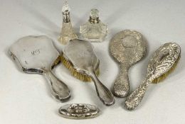 ASSORTED SILVER-BACKED HAIRBRUSHES & HAND MIRRORS, silver-backed nail buffer, and two cut-glass