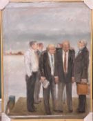 ‡ BORIS TIETZE (1928-2024) large oil on canvas - group of six men wearing ties, unsigned, 121 x