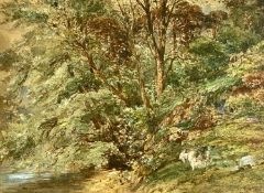 ‡ FREDERICK SOHNS (British, fl. 1880-1901) watercolour - woodland scene with goat, signed lower