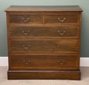 VICTORIAN MAHOGANY CHEST OF DRAWERS, with inlay and brass drop handles, 105 (h) x 107 (w) x 49cms (