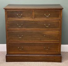 VICTORIAN MAHOGANY CHEST OF DRAWERS, with inlay and brass drop handles, 105 (h) x 107 (w) x 49cms (