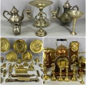 ASSORTED METALWARE, including various brass candlesticks, brass gong on stand, circular copper