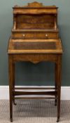 VICTORIAN WALNUT LADIES' DESK with inlay, ink stand, two upper drawers and lift top, on tapered