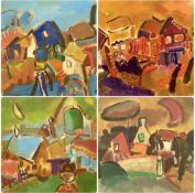 UNKNOWN ABSTRACT EXPRESSIONIST watercolours - landscapes, two indistinctly signed, 49 x 50cms the