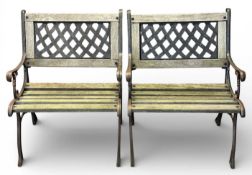 PAIR OF GARDEN SEATS, cast metal with wooden slats and lattice pattern back, 80 (h) x 65 (w) x 61cms