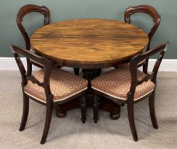 VICTORIAN MAHOGANY CIRCULAR TILT-TOP DINING TABLE, on a single pedestal and four bun feet, 72 (h)