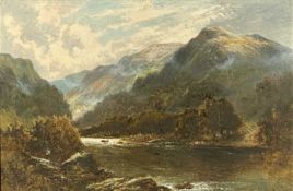 WILLIAM LANGLEY (British, 1852-1922) oil on canvas - mountainous river, signed lower right, 50.5 x