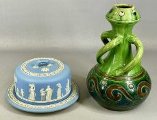 BELGIAN ART POTTERY FOUR-HANDLED VASE, green and brown glazed with stylised decoration, 32cms (h);