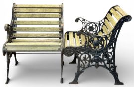 PAIR OF GARDEN SEATS, decorative cast metal ends with wooden slats, 76 (h) x 60 (w) x 66cms (d)
