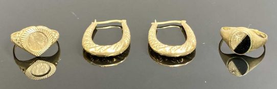 ASSORTED 9CT GOLD JEWELLERY, two signet rings and pair of hollow hoop earrings, 5.3g gross