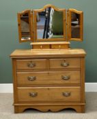 SATIN PINE CHEST OF DRAWERS, 83 (h) x 100 (w) x 90cms (d); and non-matching pine dressing table