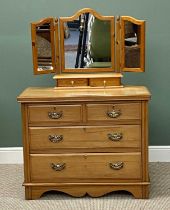 SATIN PINE CHEST OF DRAWERS, 83 (h) x 100 (w) x 90cms (d); and non-matching pine dressing table