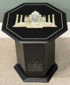 BLACK MARBLE TABLE WITH MOTHER-OF-PEARL MOSAIC TOP of octagonal form, 46 (h) x 43 (w) x 43cms (d)