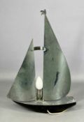 ART DECO STYLE TABLE LAMP in the form of a yacht, with painted metal base, aluminium sails, 50cms (