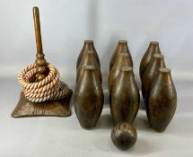 SET OF NINE WEST COUNTRY HARDWOOD SKITTLES, 26cms (h), with ball; and six rope quoits with wooden