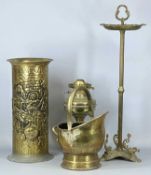 BRASSWARE, comprising oil lamp, embossed umbrella stand, miniature coal scuttle, and smoker's