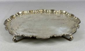 GEORGE V OVAL SILVER WAITER, pie crust rim, on four scroll feet, Atkin Brothers, Sheffield 1935,