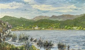 ‡ J. GLYN ROBERTS oil on board - mountainous lake with buildings and boats to the far side, signed