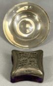 ELIZABETH II CIRCULAR SILVER PIN TRAY, London 1966, 11cms (diam.), 3ozt; and a velvet ring box,