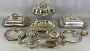 ASSORTED PLATED WARE, including three entrée dishes with covers, oval swing-handled cake basket