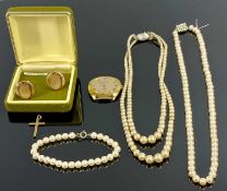ASSORTMENT OF JEWELLERY, including 9ct gold crucifix, 1.8g; two simulated pearl necklaces and