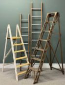 VINTAGE WOODEN STEP LADDERS, seven-step with trellis side, 180cms (h), a white painted, 150cms (