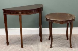 MODERN MAHOGANY HALF-MOON TABLE, on tapered supports, 76 (h) x 90 (w) x 42cms (d); and a mahogany