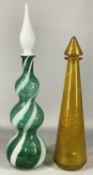 VINTAGE ALROSE EMPOLI GREEN & WHITE STRIPED GLASS BOTTLE VASE with stopper, 59cms (h); and 'Genie'