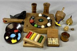VINTAGE GAMES ITEMS, including dice shakers, spinning top, wooden board with marbles, Bakelite cased