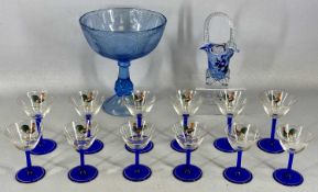 ASSORTED GLASSWARE, including a blue pressed bowl on pedestal stand, 25 (h) x 21.5cms (diam.);