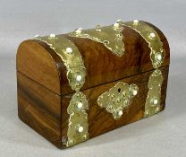 VICTORIAN BURR WALNUT DOME-TOP BOX, with gilded brass mounts and white porcelain cabochon stones,