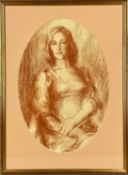UNKNOWN 20TH CENTURY sanguine chalk - oval three-quarter length portrait of a seated lady, unsigned,