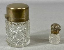 LARGE CUT-GLASS SCENT BOTTLE, with hinged silver lid and inner glass stopper, 10cms (h); and a