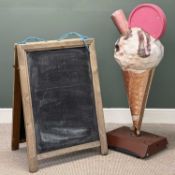 RETAIL SIGNAGE comprising ice cream cone on stand, 130 (h) x 47 (w) x 40cms (d), and a blackboard